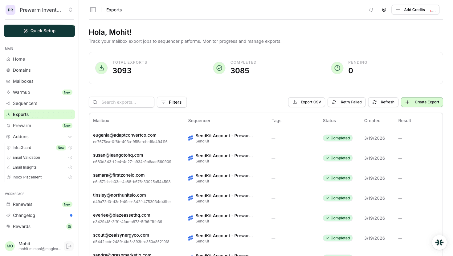 InboxKit exports tracking a BrandJet push