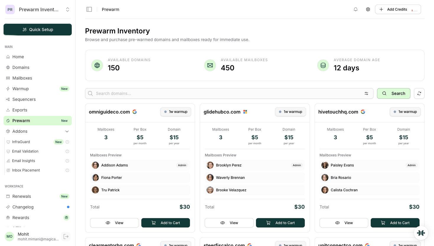 InboxKit pre-warmed Google Workspace dashboard
